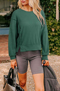 Evergreen Solid Color Raw Seam Patchwork Ribbed Drop Shoulder Sweatshirt Evergreen 75%Polyester+25%Cotton 28ca98ad8f922bf6