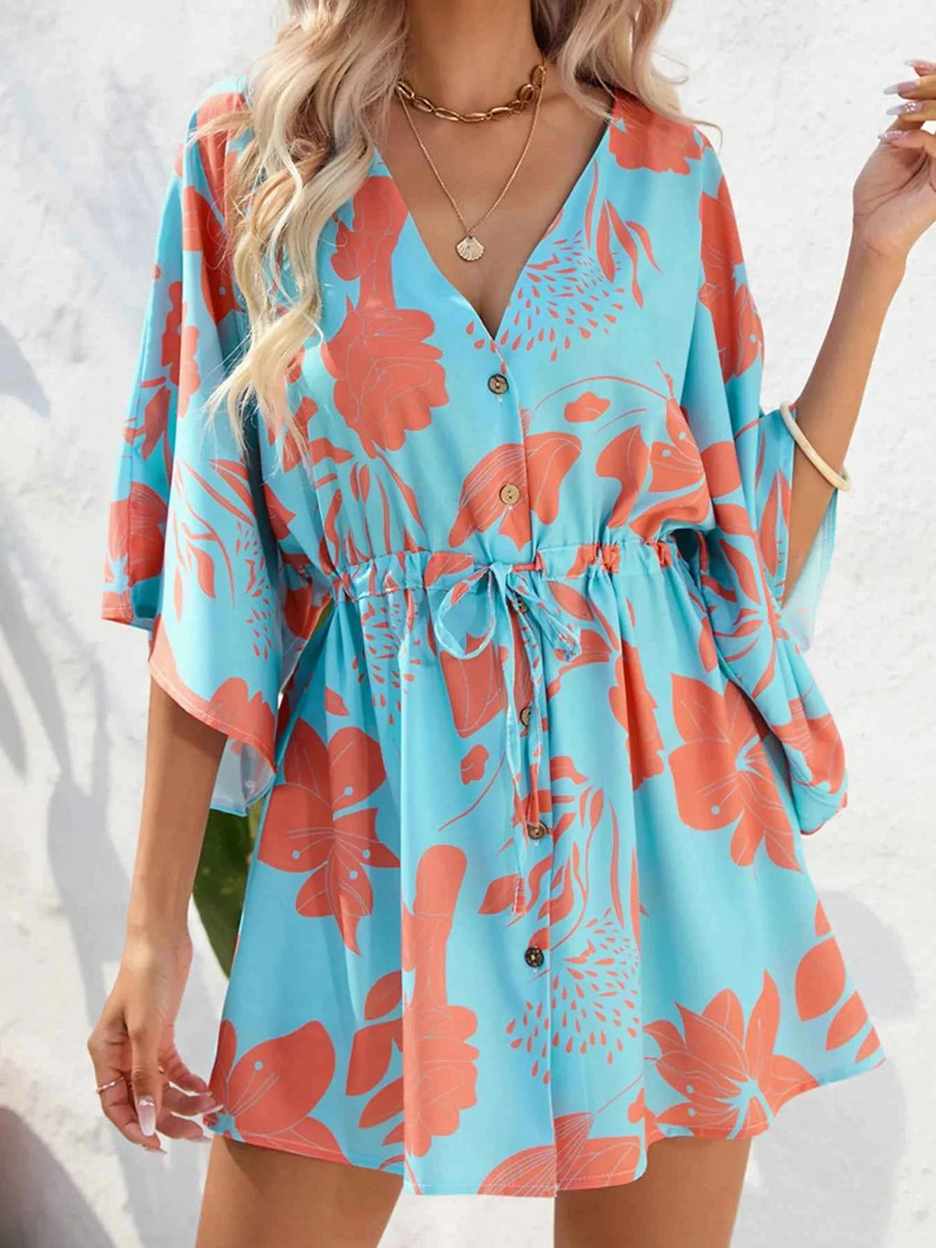 Color Block Drawstring Waist Button Up Dress 28cb4d5a705e4d2689b8bf382925c845-Max-Origin