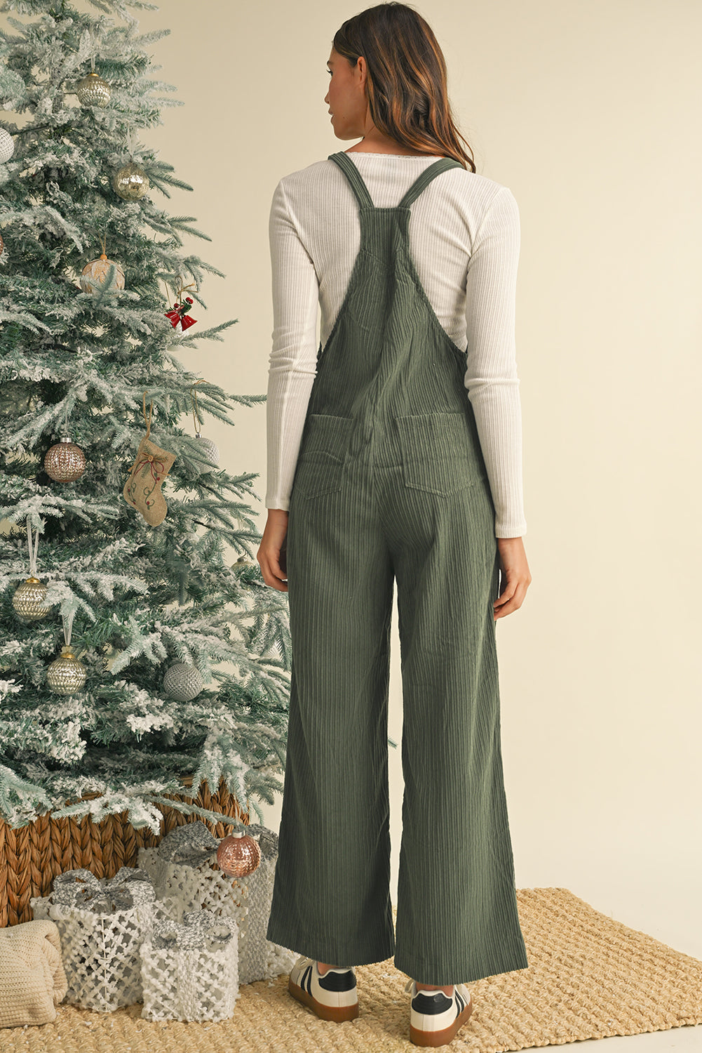 Jungle Green Plain Pocketed Loose Fit Corduroy Overalls 28d1a0347a0f3f50