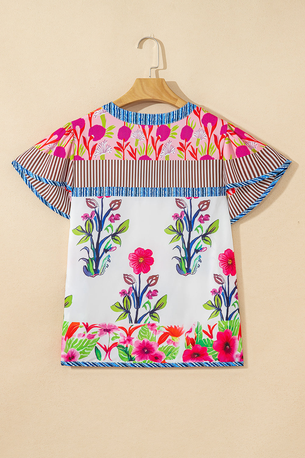 Pink Floral Striped Patchwork Short Sleeve Split Neck Blouse 28d23d190bf52457