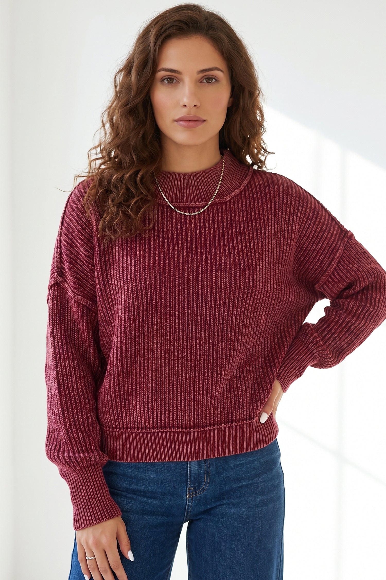 Red Dahlia Drop Shoulder High Neck Ribbed Sweater 28de8f4bb8547802