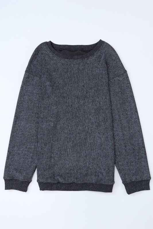 Solid Ribbed Knit Round Neck Pullover Sweatshirt 28e525e1-e250-4f23-ac70-26223f3f6211