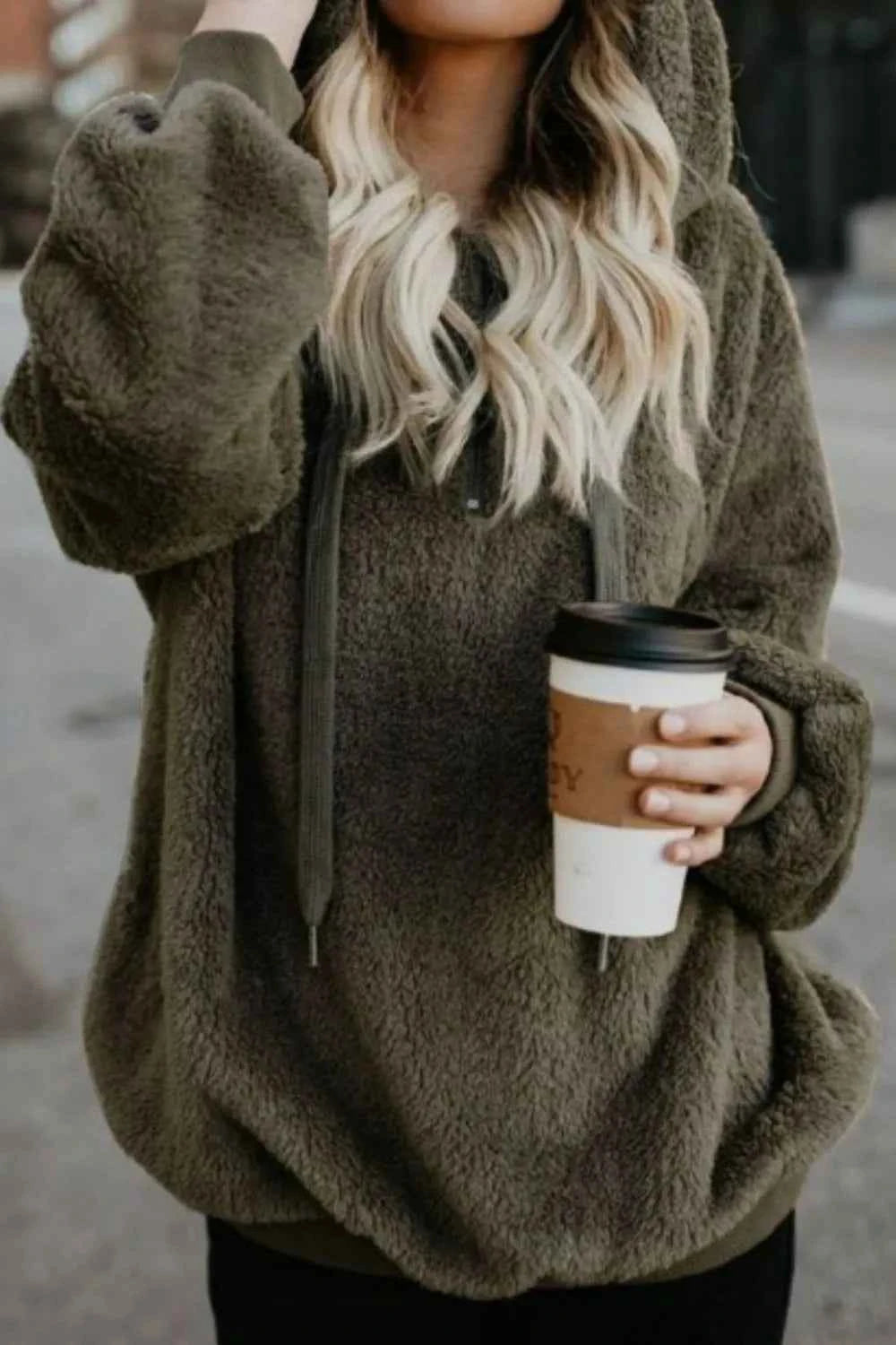 Full Size Quarter-Zip Drawstring Teddy Hoodie Dark Green 28ea8fec-eba8-47a3-8541-2a2ca5243dcc-Max