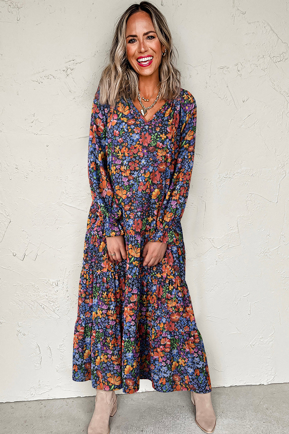 Blue Floral Print V Neck Long Sleeve Flowy Maxi Dress 28eb80d65626c33f
