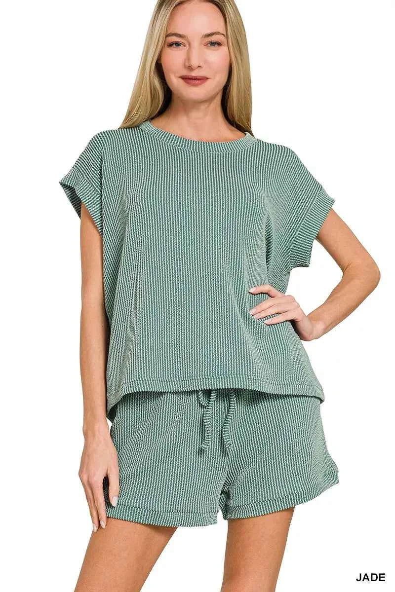 Zenana Raised Rib Cap Sleeve Top & Shorts Set JADE 28ebc0cb59a043d4a965eb036586a3ec-Max-Origin