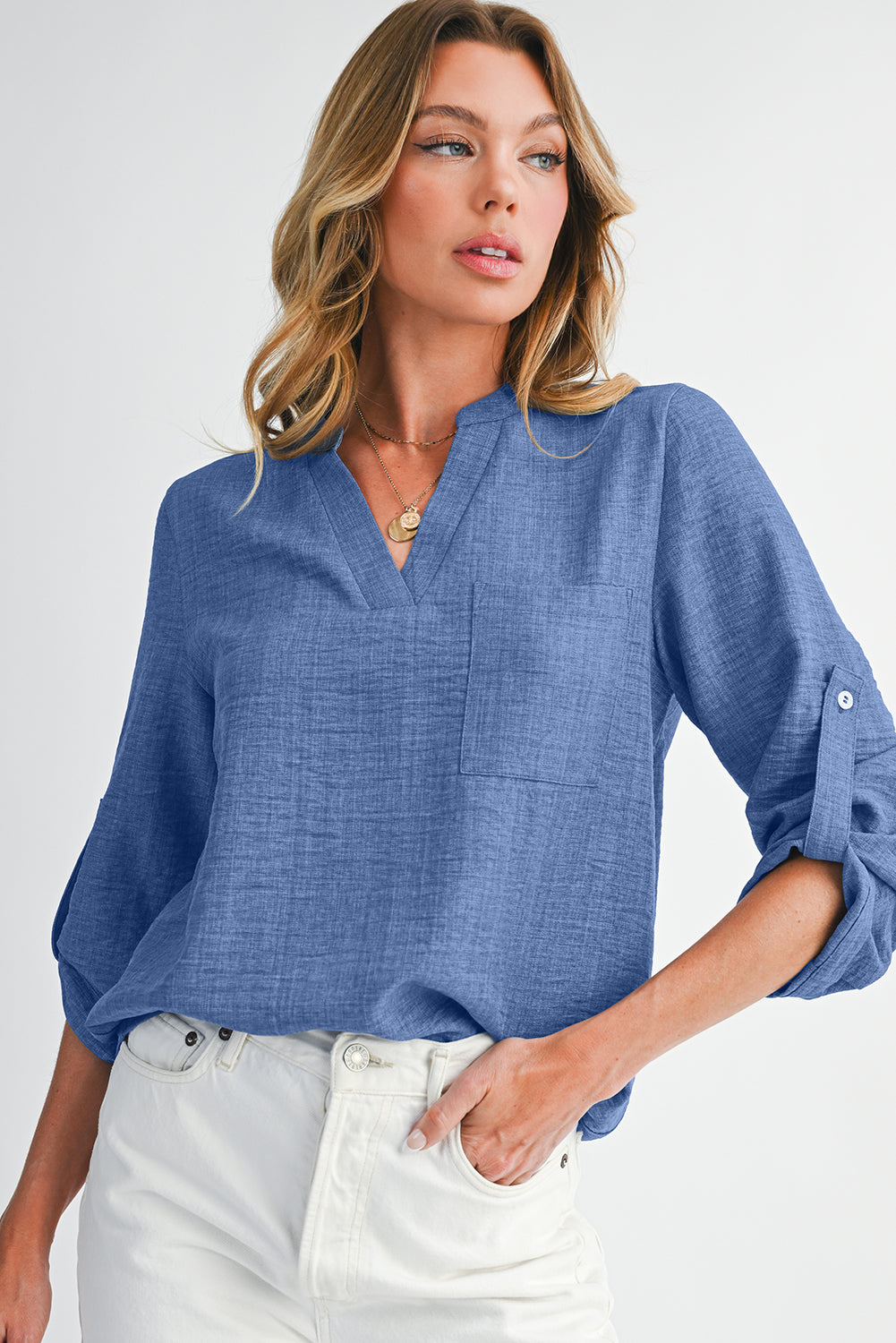 Ashleigh Blue Chest Pocket V Neck Plain Roll-up Sleeve Blouse 28ed9f299425ea38