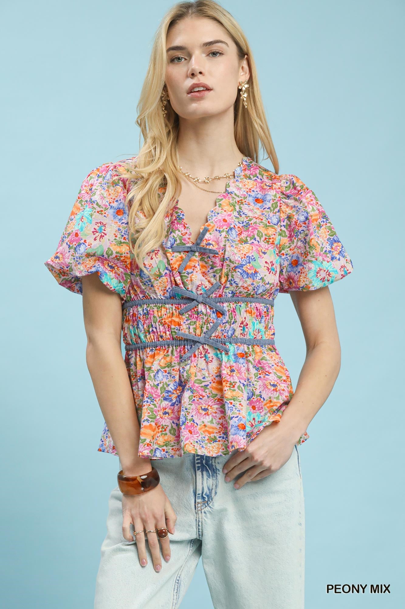 Umgee Mix Floral Smocked Waist Blouse PEONY MIX 28ee22df-89f4-40cb-9a4f-fef99e90d651-Max