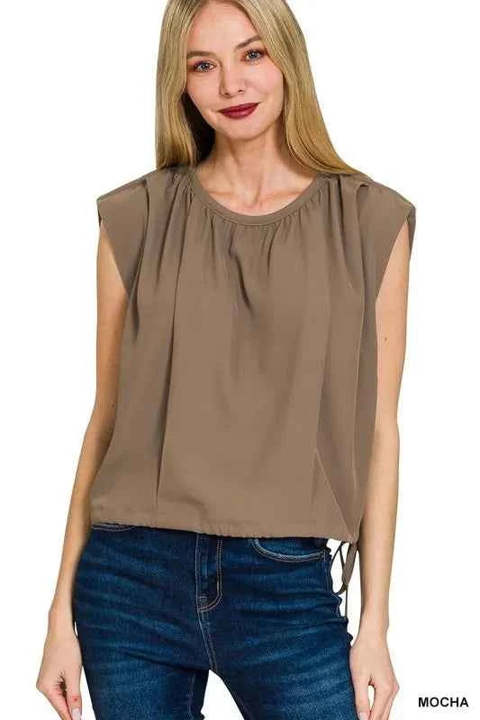 Zenana Woven Drawstring Tie Side Sleeveless Top 28f40c89be7042a9945e1521a68a90c0-Max-Origin