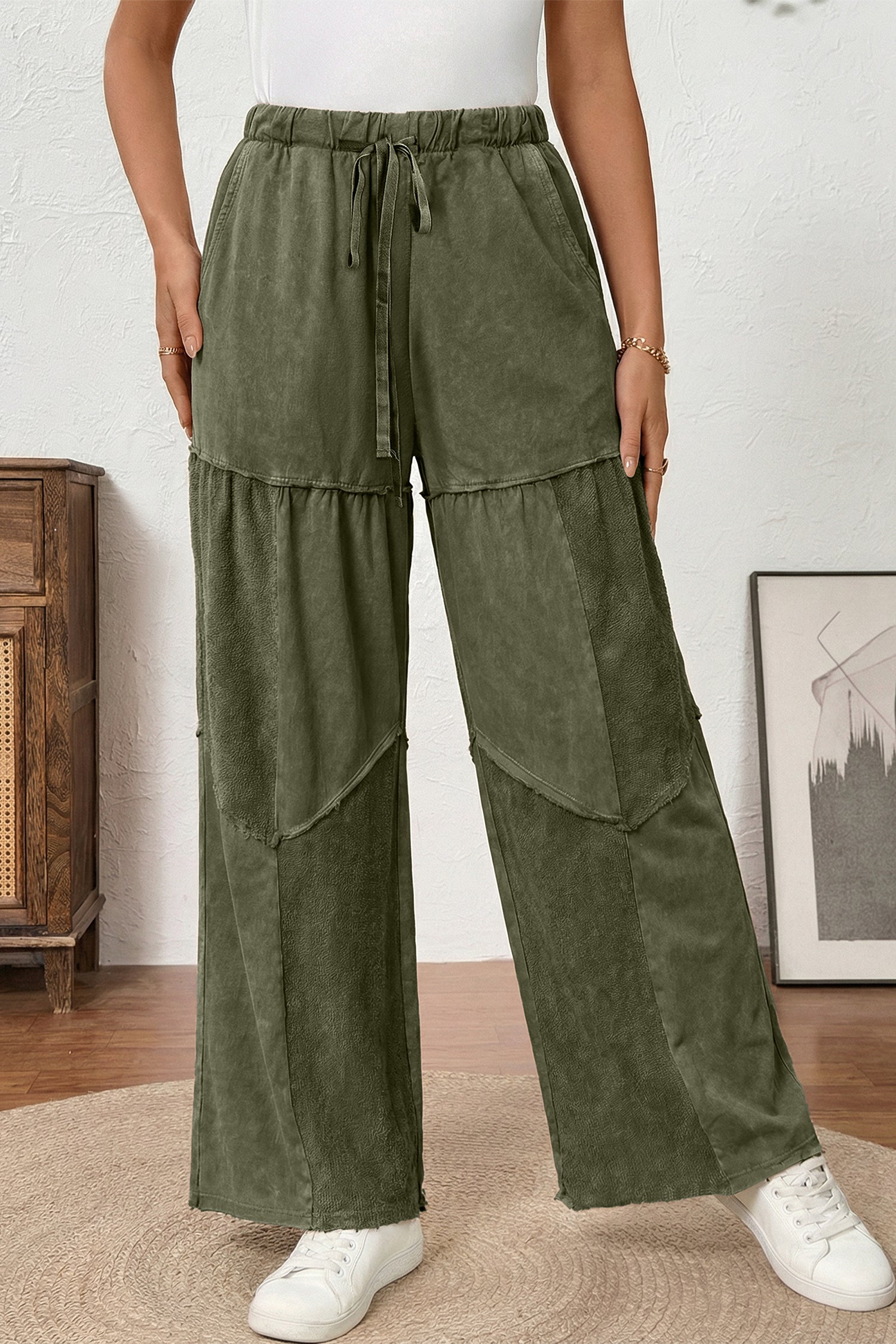 Vineyard Green Mineral Wash Tiered Wide Leg Patchwork Drawstring Pants 28f40ddaf9f80a44