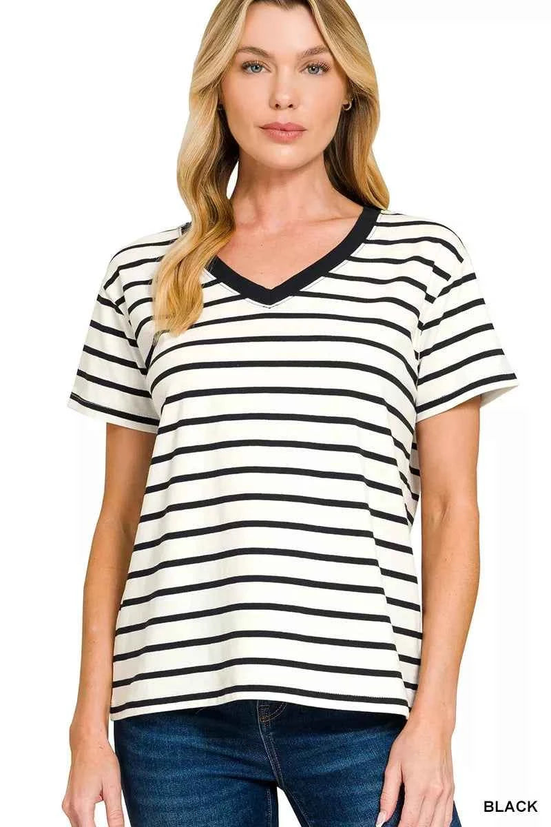 Zenana Striped V-Neck Short Sleeve T-Shirt 28f80574fee94f7aba9b927b79d16fb3-Max-Origin