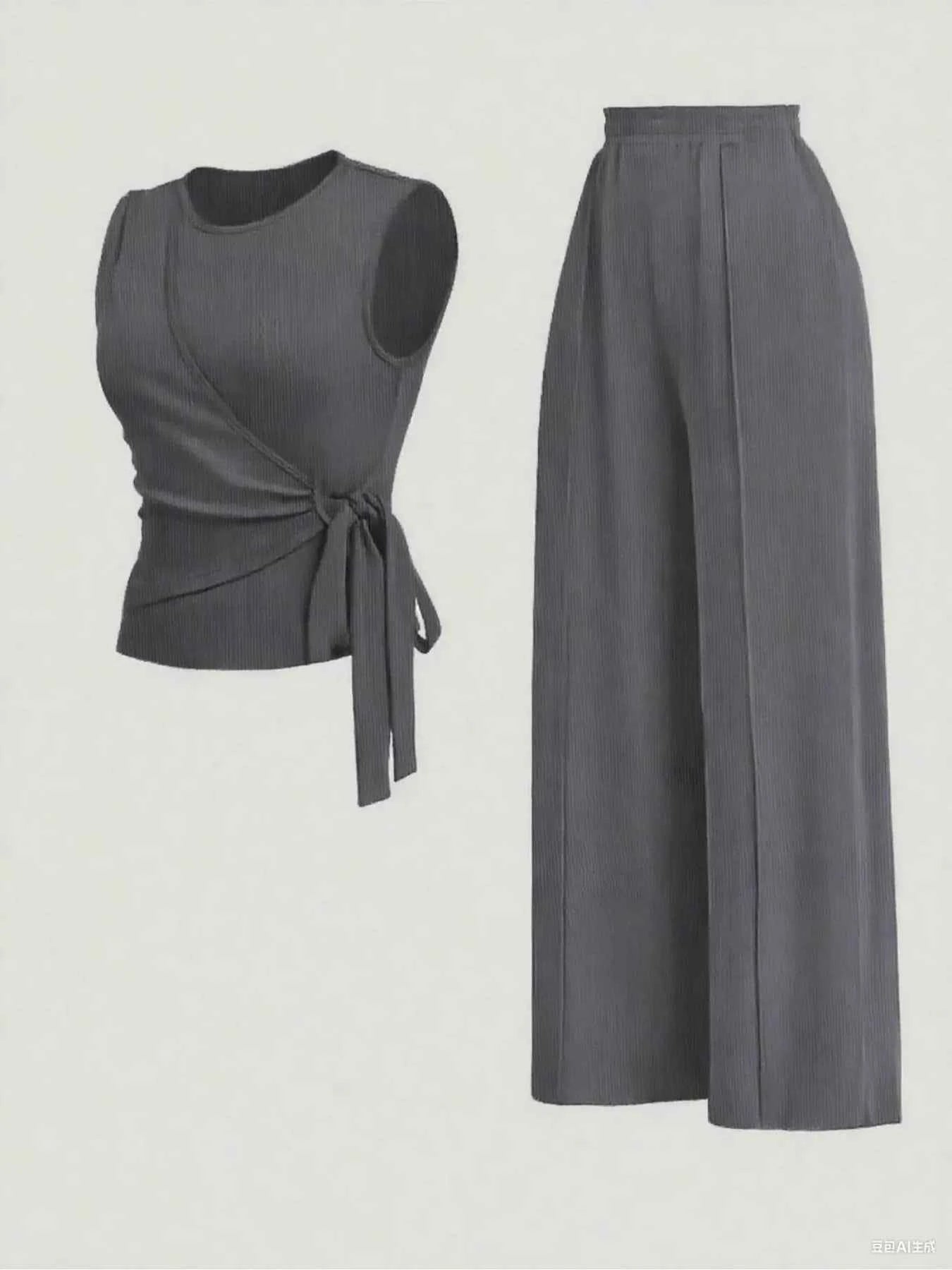 Side Tie Round Neck Tank and Pants Set Dark Gray 29015386-b681-4fbc-908b-8d6518d186e7-Max-Origin