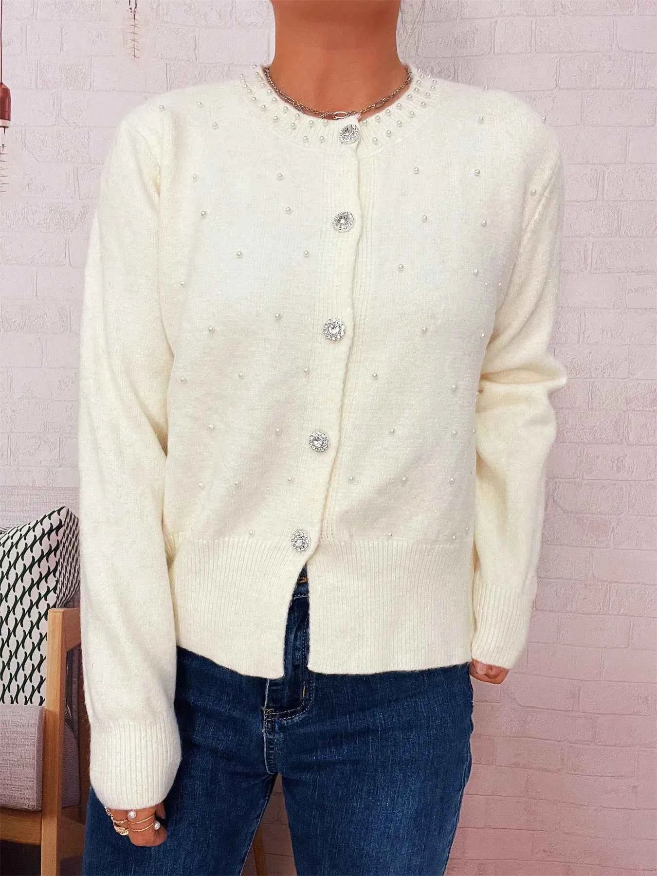 Pearl Detail Button-Front Cardigan 2906cb24254448ea857aa5dbe957cdb2-Max-Origin