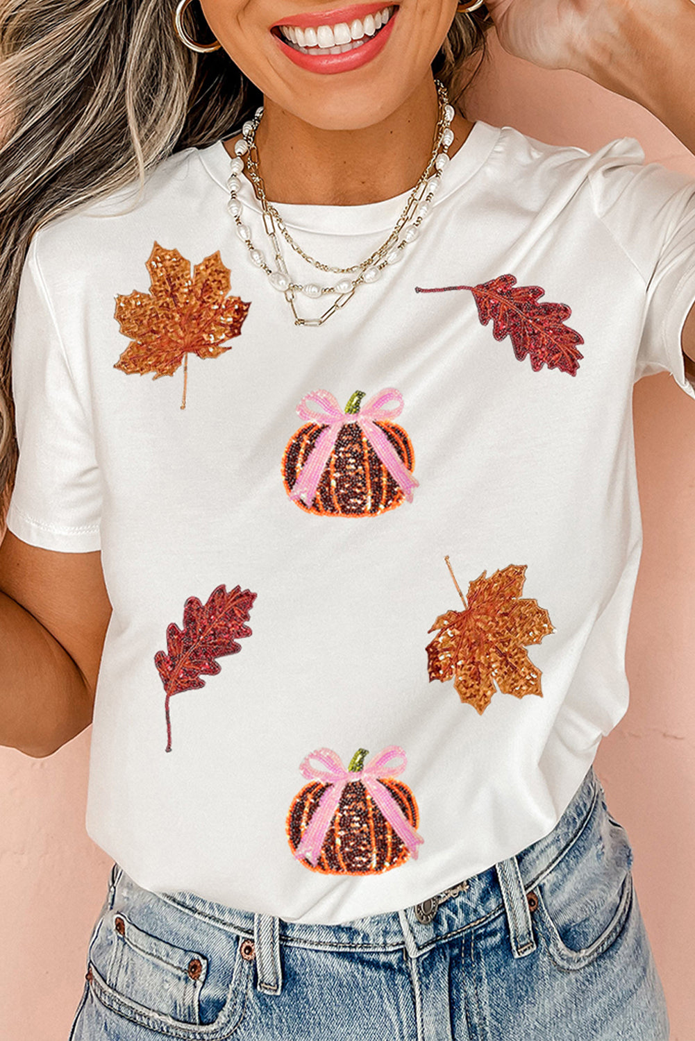 White Pumpkin Leaves Sequins Patch Fall Vibe Graphic T Shirt 2907d3171e093287