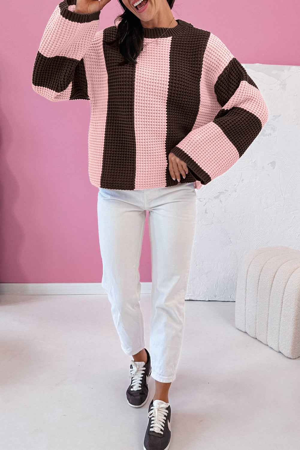 Myosotis Striped Color Block Thermal Textured Knit Drop Shoulder Sweater 2907efa2e2d7668c