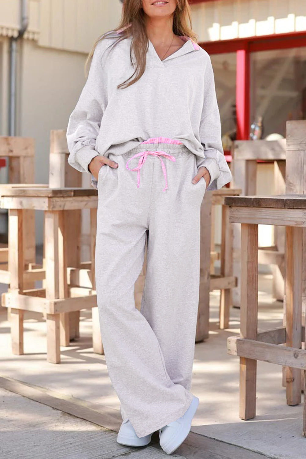 Light Grey Stripe Patchwork Loose Long Sleeve Top Drawstring Waist Pants Set Light Grey 65%Polyester+35%Cotton 290deeec7977c274