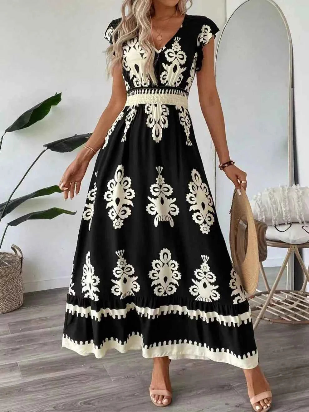 Printed V-Neck Ruffled Cap Sleeve Dress 291b2826-1df8-4cfe-ac71-41e111bd4f8c-Max-Origin