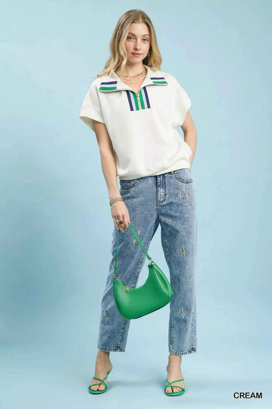 Umgee Striped Collared Neck Half-Zip Top 29254f7e-004f-40c0-b5be-f0a82379bad0-Max-Origin