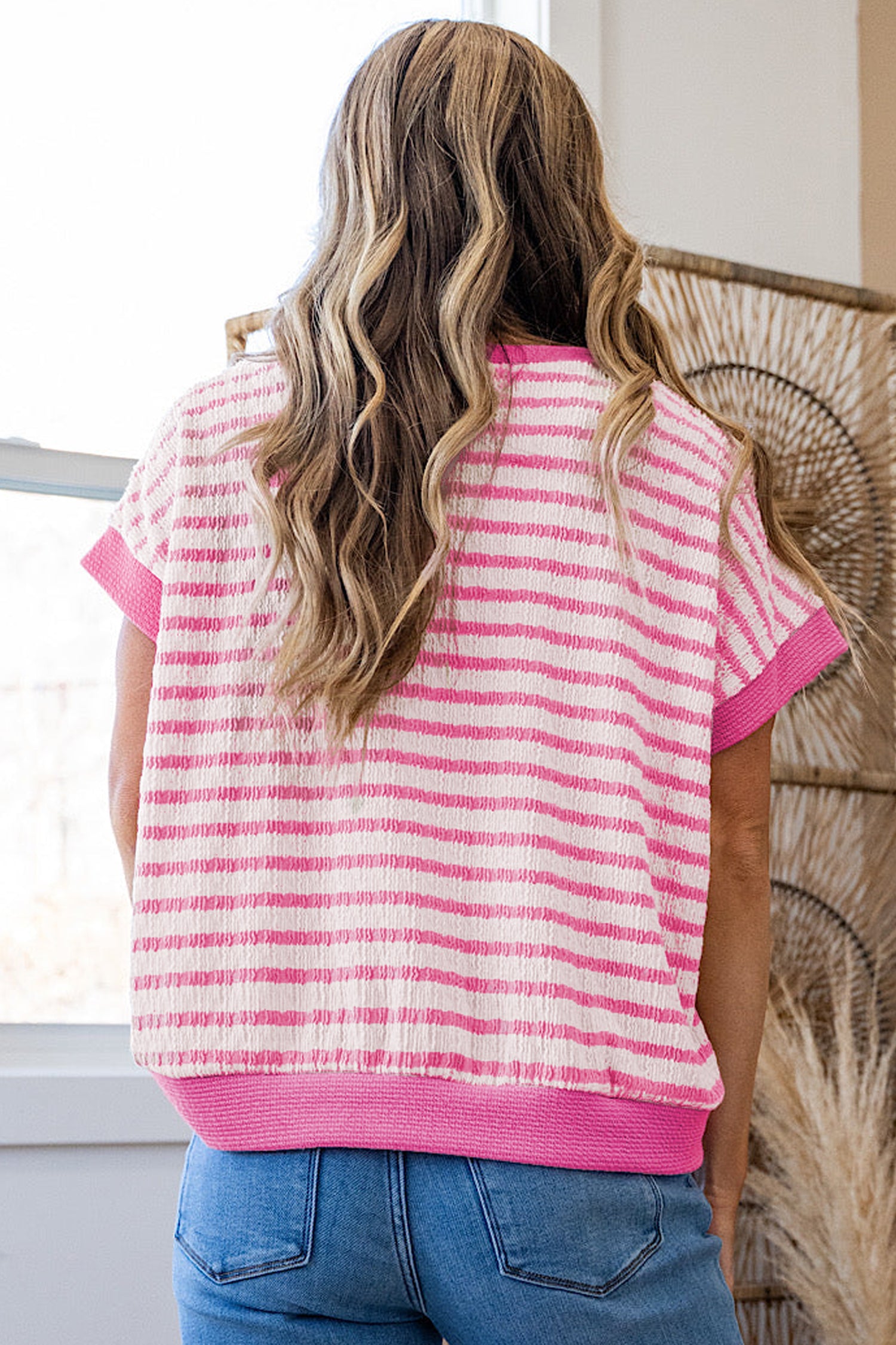 Pink Stripe Textured Knit Contrast Trim V Neck Short Sleeve Top 2928854bf8a08f47