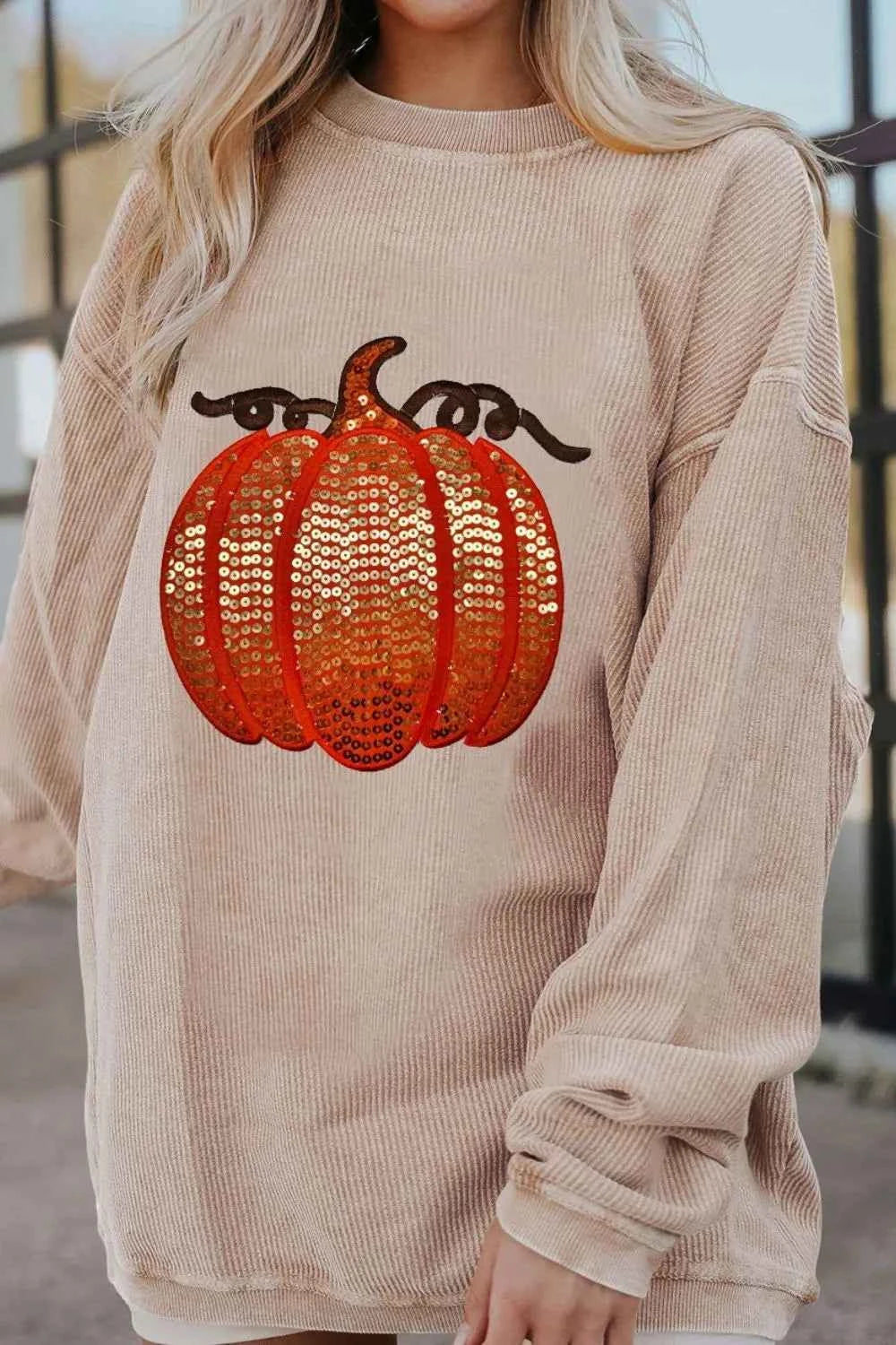 Sequin Pumpkin Round Neck Long Sleeve Sweatshirt Eggshell 29291d66-dc07-4855-9572-29c2344e5be0-Max