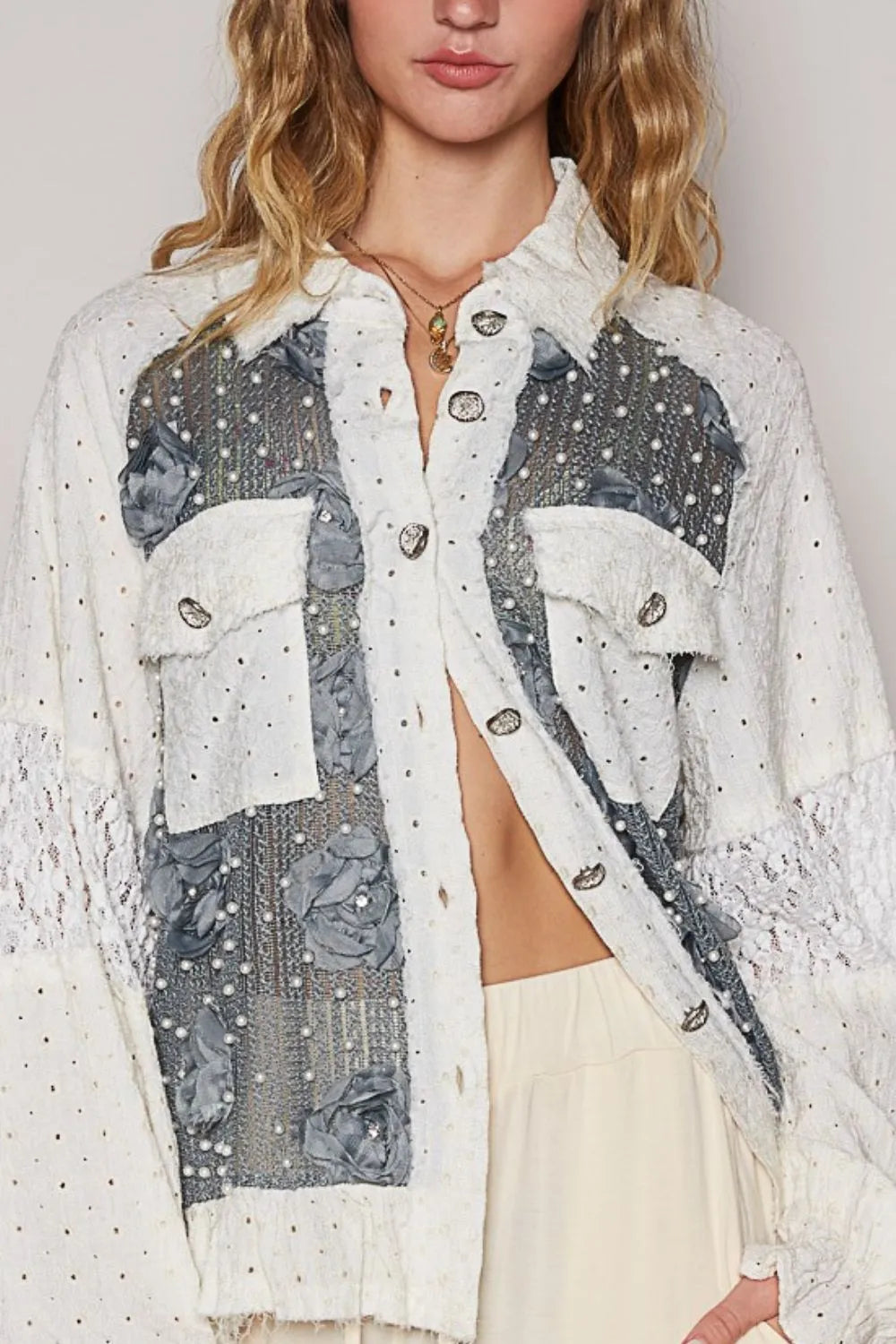 POL Eyelet Flower Pearl Detail Lace Patchwork Shirt 29296352-47fb-4033-b255-2b9ceaa5d9ac-Max