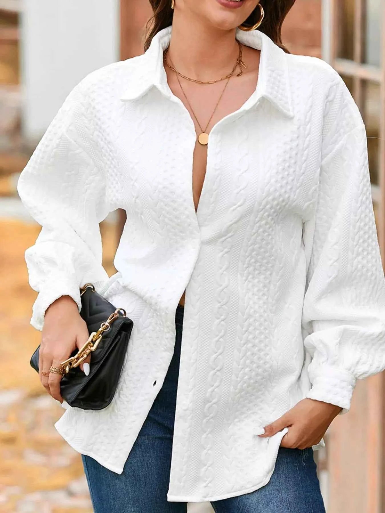 Cable Texture Puff Sleeve Loose Shacket White 292bdfeb-2518-464a-b93a-705973b9c13a-Max-Origin