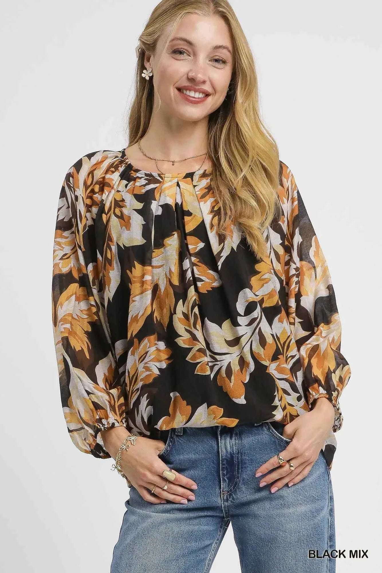 Umgee Autumn Leaf Print Balloon Sleeve Blouse BLACK MIX 292bf902-cf2e-41ce-8fd6-26d5c1794161-Max-Origin