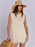 Side Slit Round Neck Tank and Ribbed Shorts Sweater Set 292f737c-41ee-4ca2-b75c-27c0f2babe89-Max