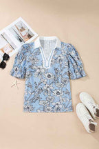 Floral Stripe Polo Collar Short Sleeve Blouse 29310e2b-4d92-4325-8450-5f81a419c953