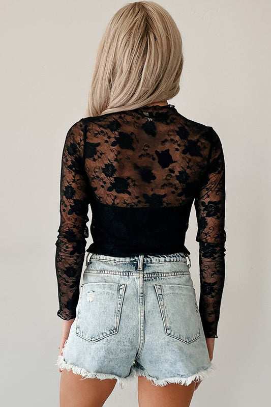 Black Mock Neck Floral Lace Mesh Long Sleeve Top 293aa09dea53adcb