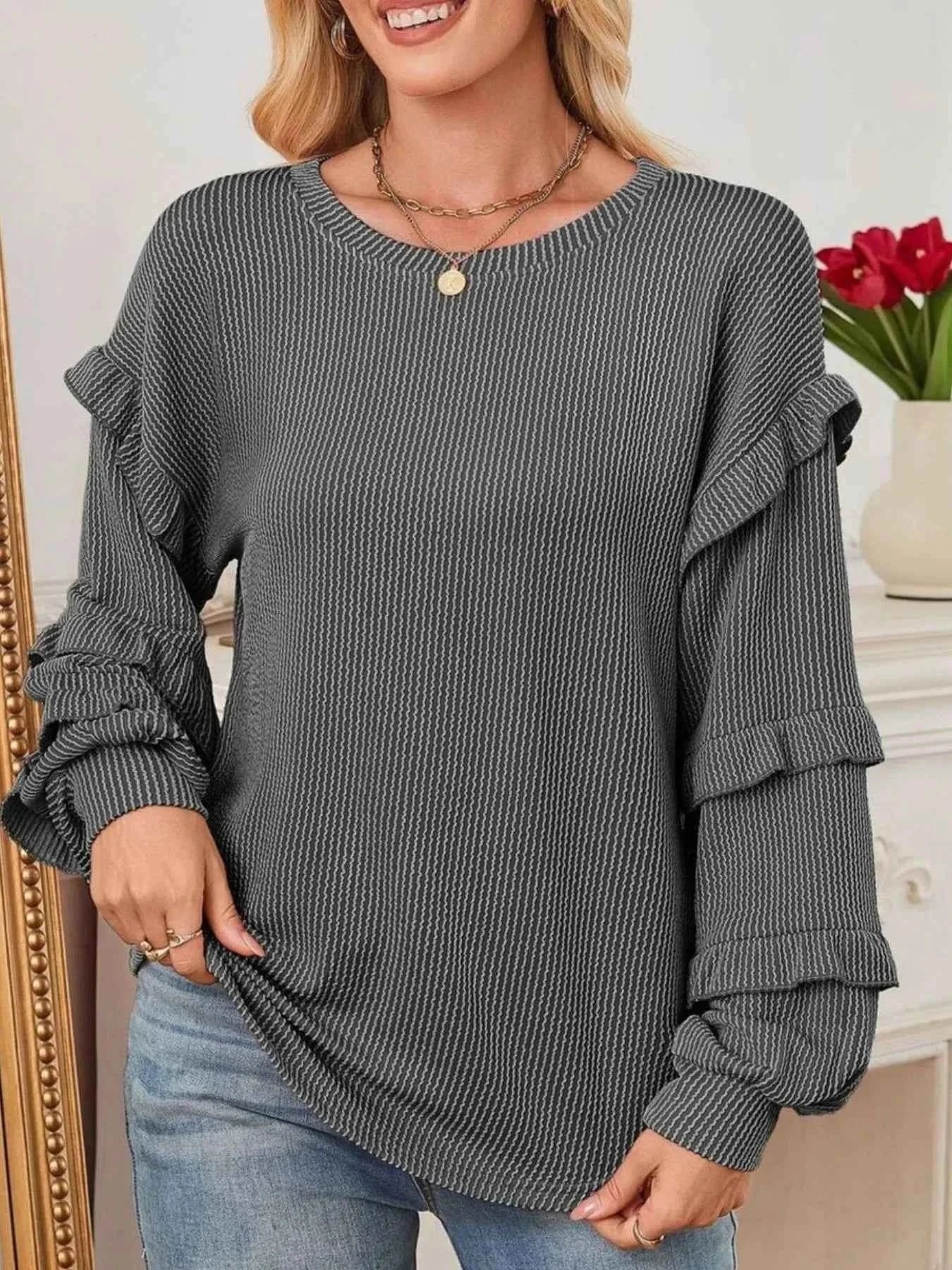 Ruffled Round Neck Long Sleeve Sweatshirt 294c3f4a-1975-4c11-8838-92572b49b794-Max-Origin