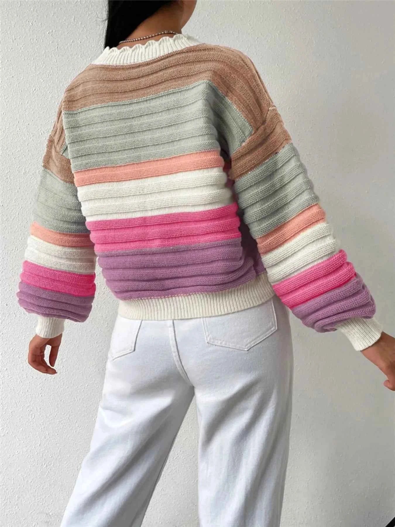 Rainbow Striped Cropped Cardigan with Balloon Sleeves