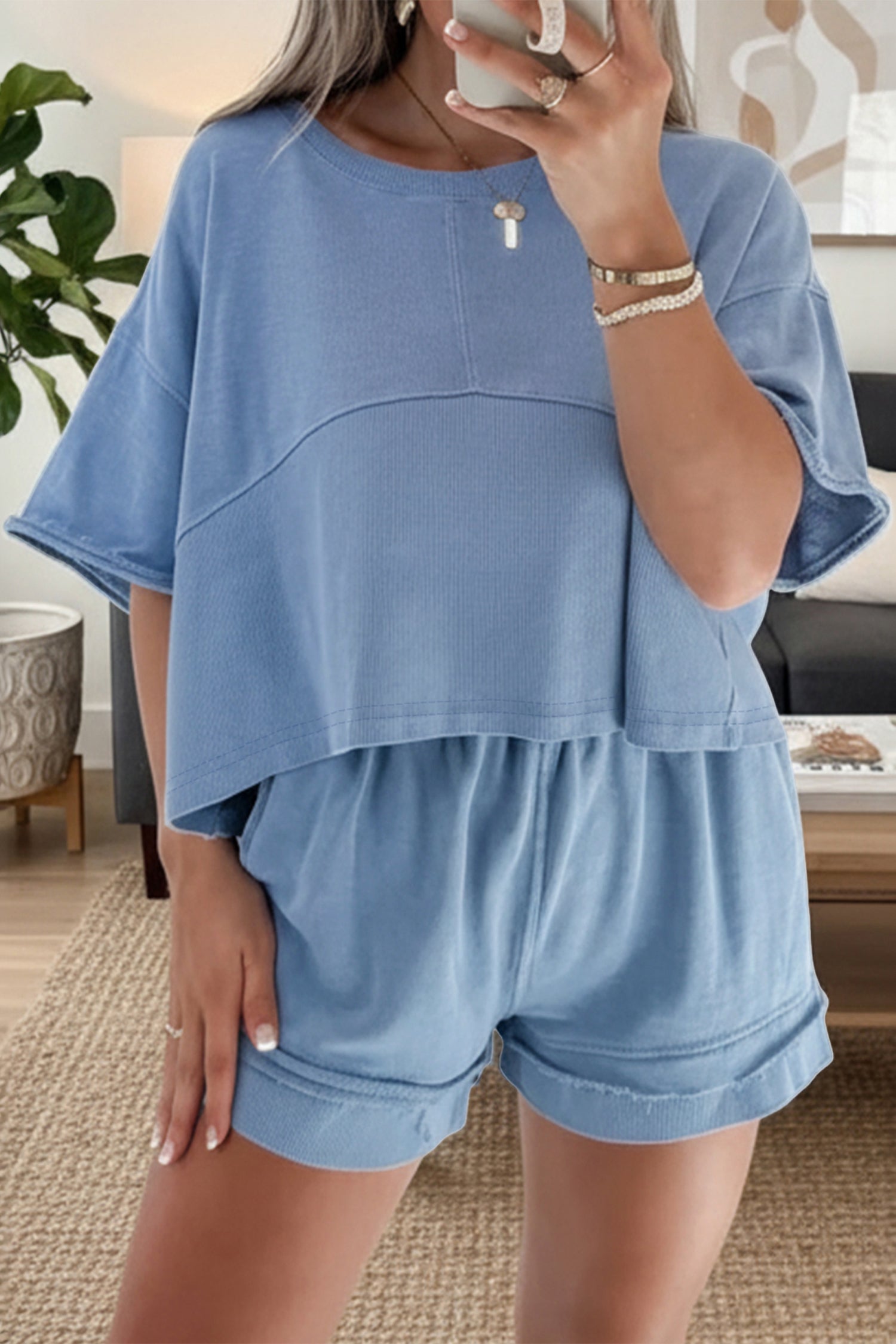 Sky Blue Solid Color Contrast Textured Patchwork Raw Edge 2pcs Short Set Sky Blue 80%Polyester+20%Cotton 294e4da65976bf0a