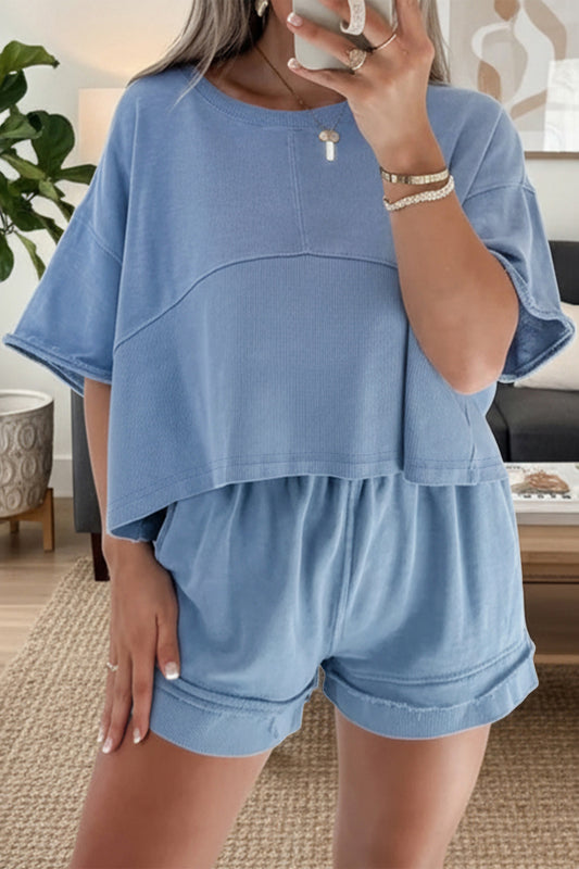 Sky Blue Solid Color Contrast Textured Patchwork Raw Edge 2pcs Short Set Sky Blue 80%Polyester+20%Cotton 294e4da65976bf0a