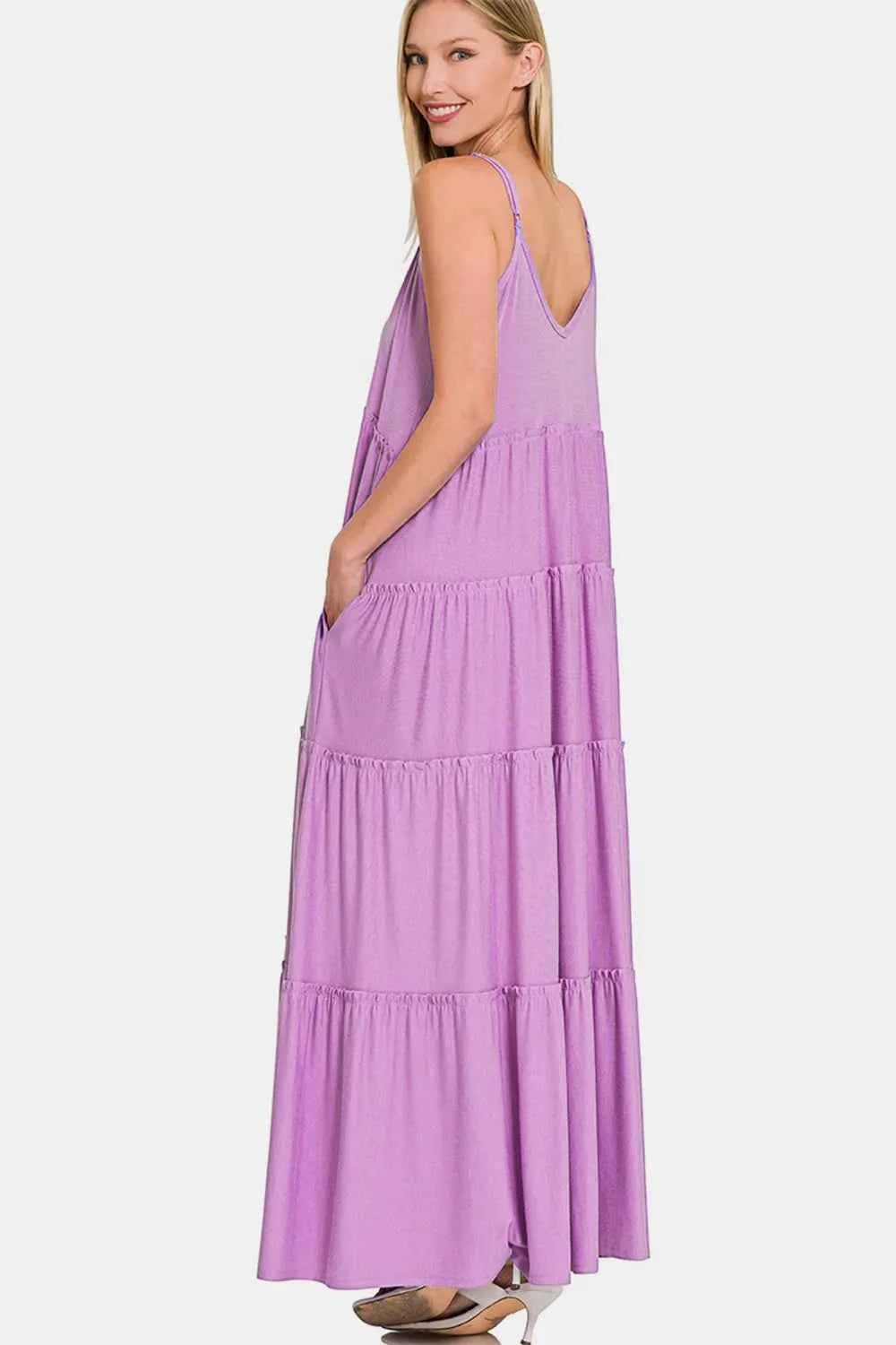 Zenana Frill Tiered V-Neck Maxi Cami Dress 294fb40a-9443-4d98-b308-35b95e38efbf-Max