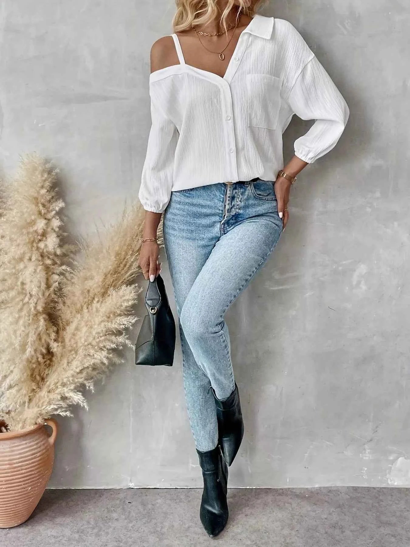 Asymmetrical Cold Shoulder Button Up Shirt