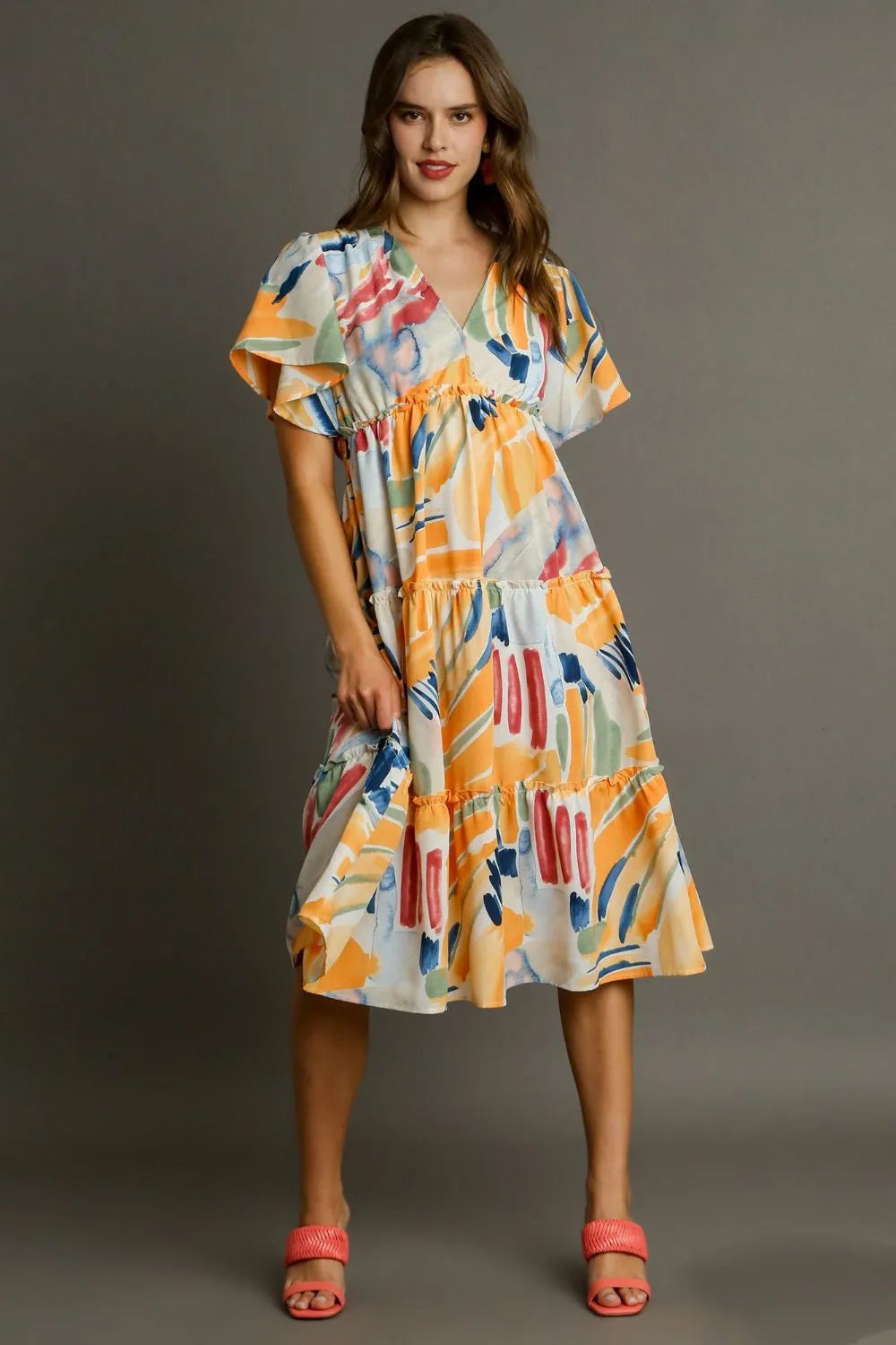 Umgee Full Size Abstract Print Flutter Sleeve Frill Tiered Midi Dress Plus Size 29577a48-0e1a-47e5-a33f-af4e79fdb036-Max