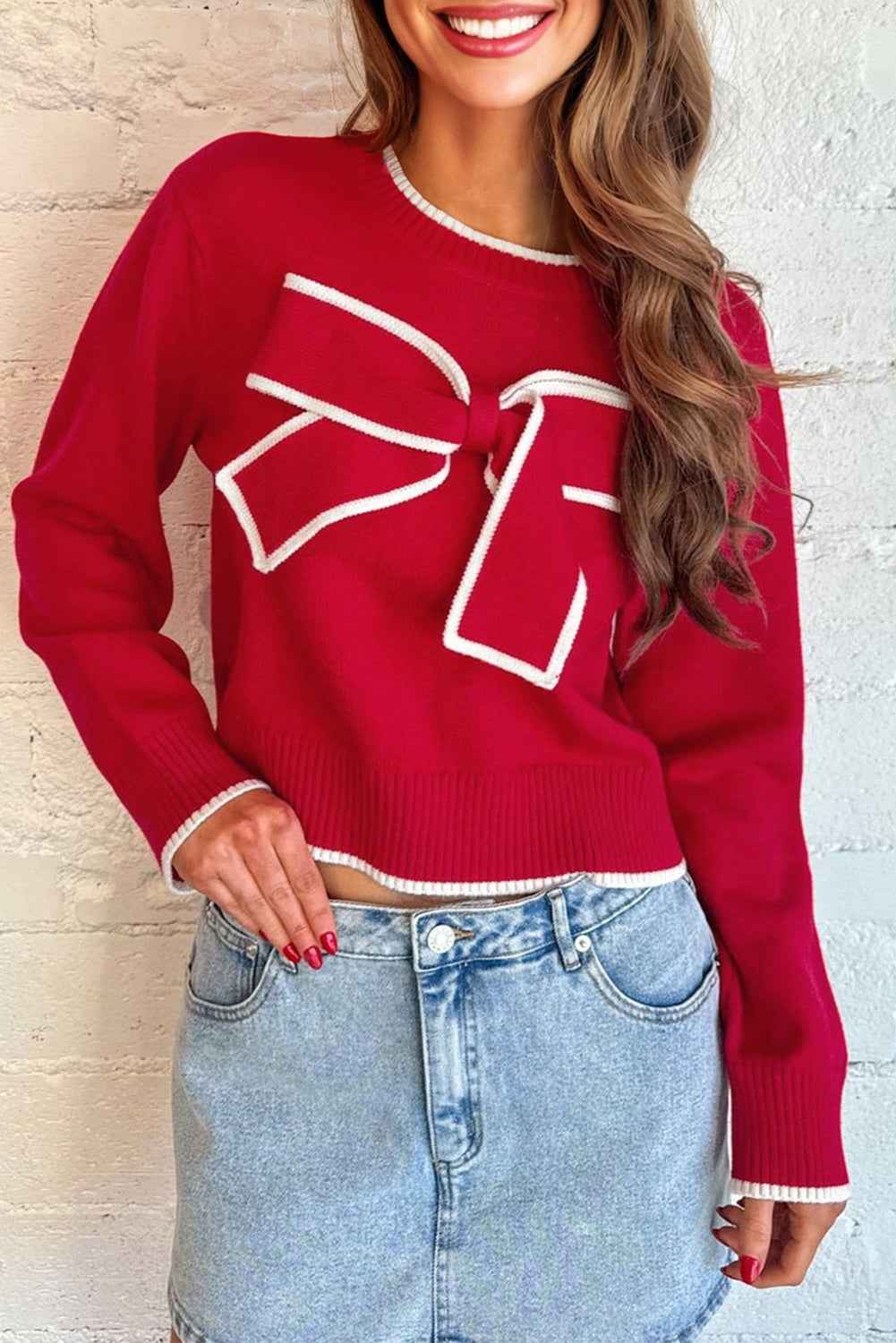 Black Contrast Trim Big Bow Accent Cropped Sweater 2958af521ea24528