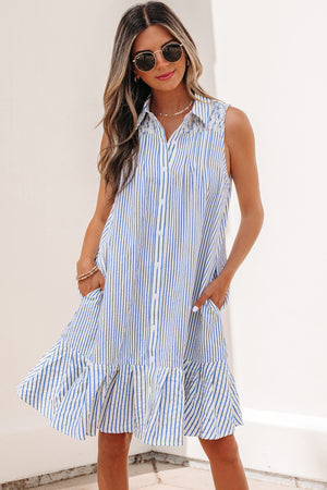 Sky Blue Stripe Shirt Collar Shirred Detail Ruffle Hem Sleeveless Dress Sky Blue Stripe 100%Polyester 295b0a99a4f98fb3