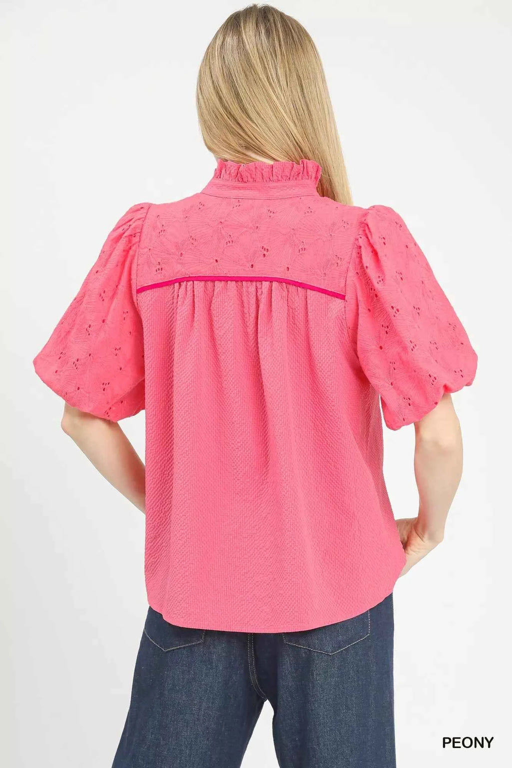 Umgee Puff Sleeve Eyelet Mix Top with Contrast Piping 29602a4a-bc57-40d1-91cd-ed7464962dd1-Max-Origin