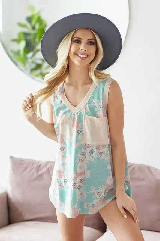 BiBi Multi Color Flower Printed Tank with Contrast Band 29655d6b27a54541ab58ec6057471c9f-Max-Origin