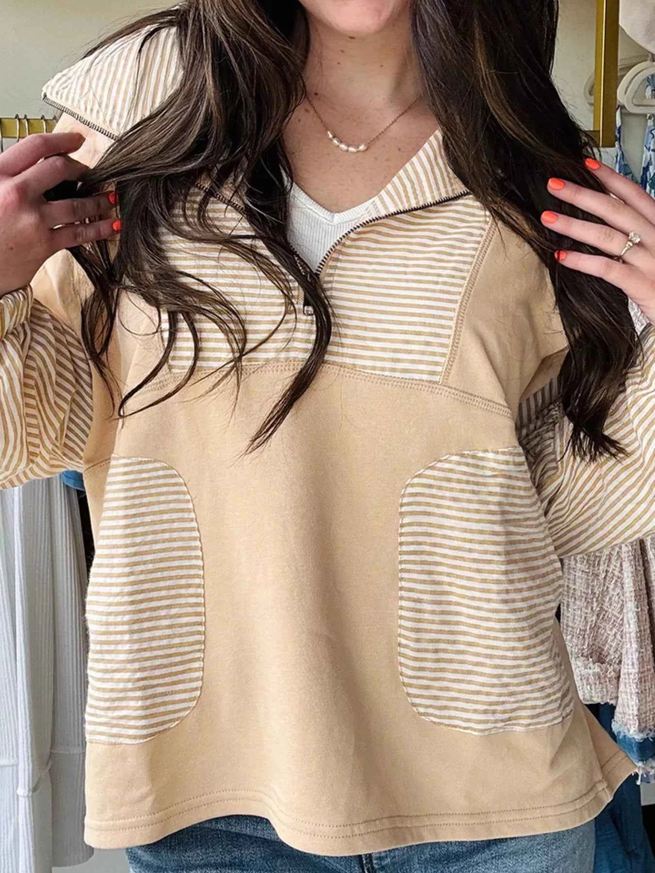 Quarter Zip Striped Patchwork Drop Shoulder Loose Long Sleeve Top Khaki 296bf23708ad4a8db9c8c97964a48190-Max-Origin