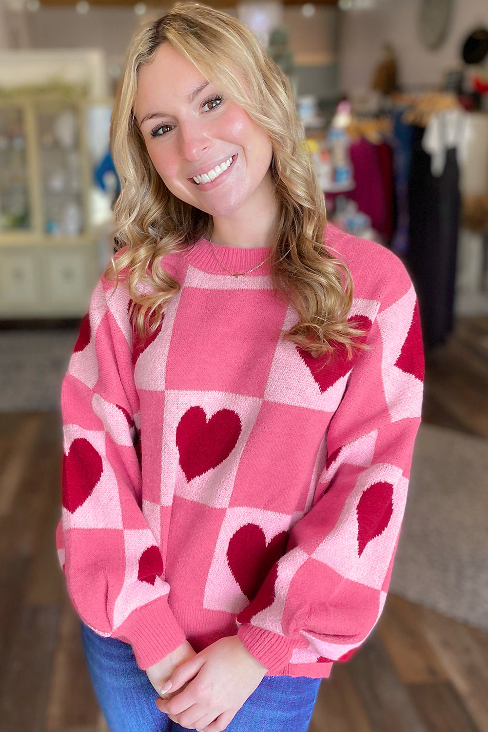 Pink Love Heart Checkered Valentine Knit Sweater 296e166bf7967476
