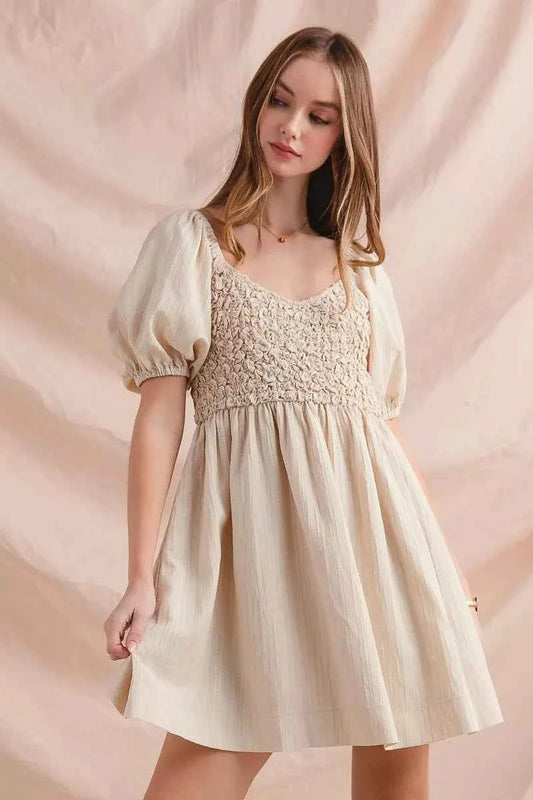 Textured Woven Daily Dress with Puff Sleeves DUSTY PINK 297232a9-8f51-4dca-b6f5-e82bf1795a31-Max-Origin