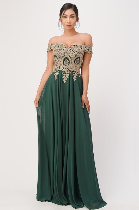 Off Shoulder Evening Gown – Gold Lace Appliqué Chiffon Dress for Women Hunter 297562db-952e-4b60-b49b-6e2ede119fb5