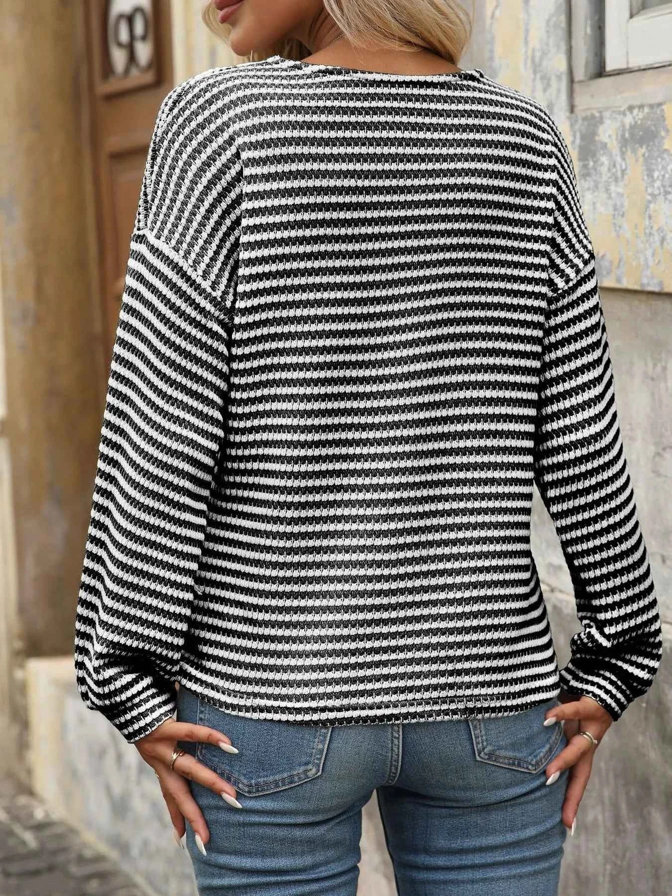 Striped V-Neck Button Front Casual Top 297cf50b3be34d55ae2a27a59cab4386-Max-Origin