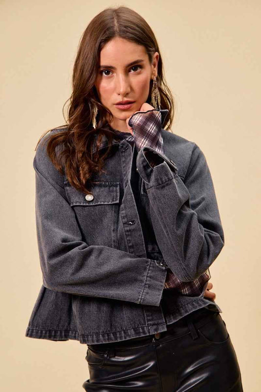 SO ME Denim Peplum Hem Front Button Jacket With Pockets 297faecf53a34ea48a62a530364a125f-Max