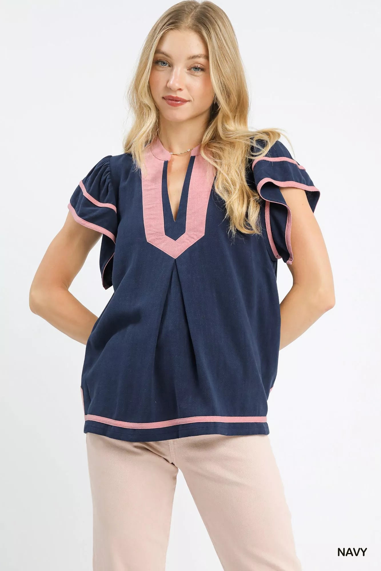 Umgee Linen Ruffle Sleeve Top NAVY 29809bcc-da76-4589-84a0-4b433ffcd24b-Max-Origin