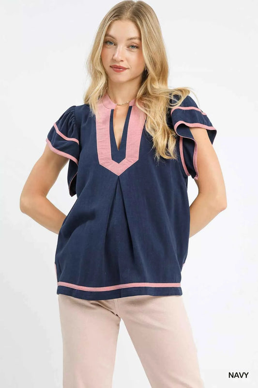 Linen Ruffle Sleeve Top NAVY 29809bcc-da76-4589-84a0-4b433ffcd24b-Max-Origin