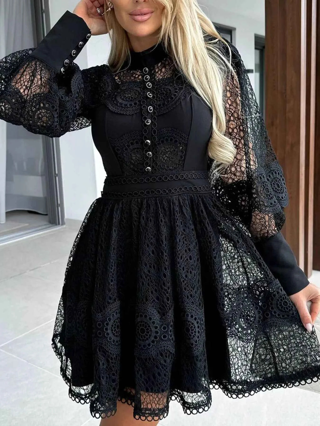 Lace Lantern Sleeve Mini Dress 298912d6-358d-49b5-9759-db83f35a60ab-Max-Origin