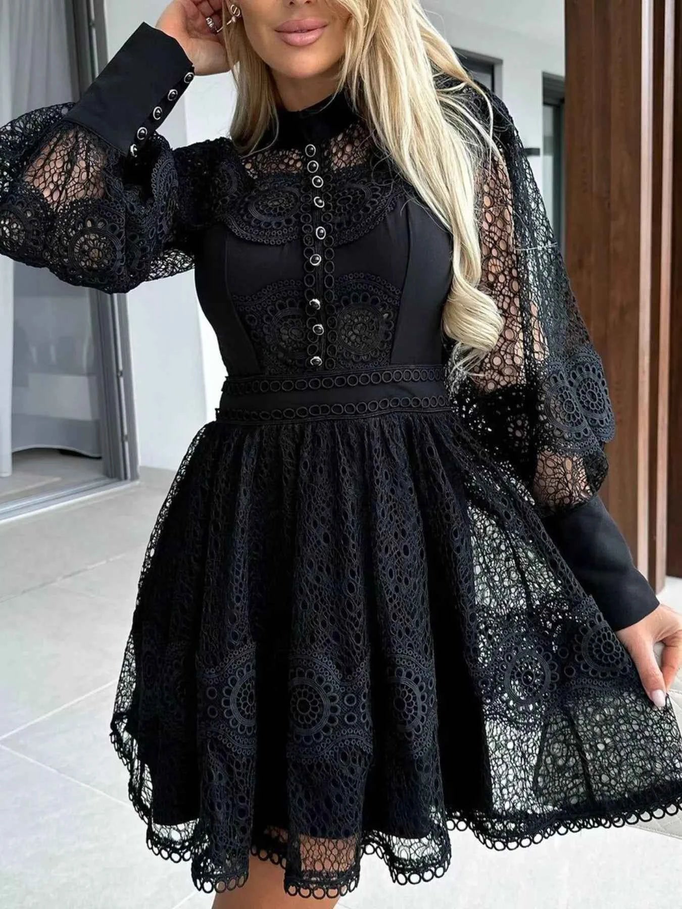Lace Lantern Sleeve Mini Dress 298912d6-358d-49b5-9759-db83f35a60ab-Max-Origin